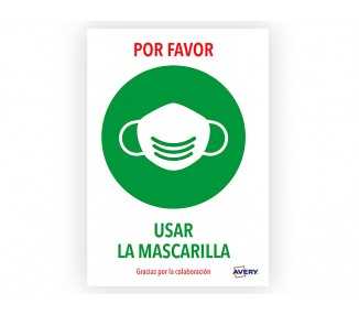 Señal adhesiva avery usar la mascarilla din a4 resistente a los rayos uv pack de 2 unidades