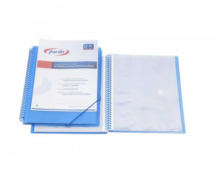 Carpeta pardo escaparate con espiral 20 fundas polipropileno con gomas personalizable color azul