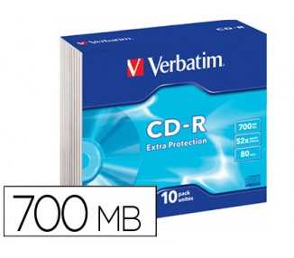 Cd-rom verbatim extra proteccion capacidad 700mb velocidad 52x 80 min pack de 10 unidades caja slim