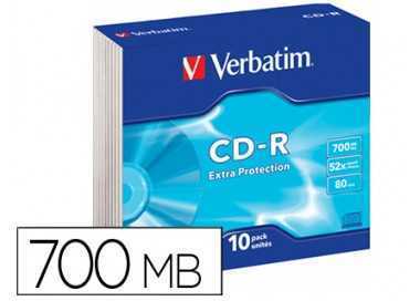 Cd-rom verbatim extra proteccion capacidad 700mb velocidad 52x 80 min pack de 10 unidades caja slim