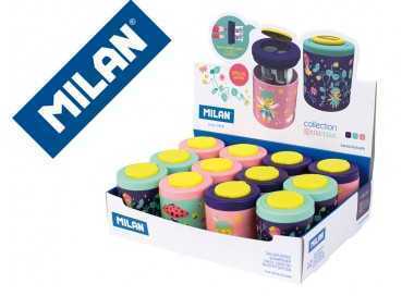 Sacapuntas milan 2 usos con deposito fairy tale expositor de 12 unidades colores surtidos