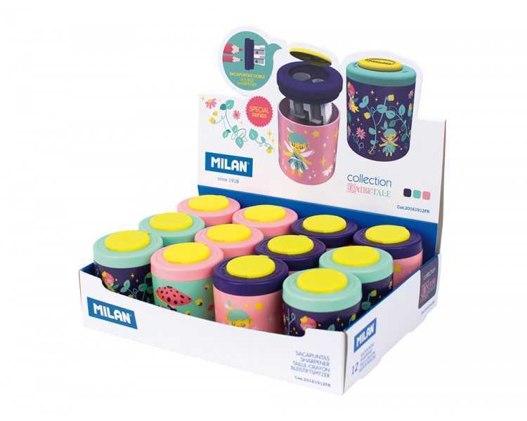 Sacapuntas milan 2 usos con deposito fairy tale expositor de 12 unidades colores surtidos