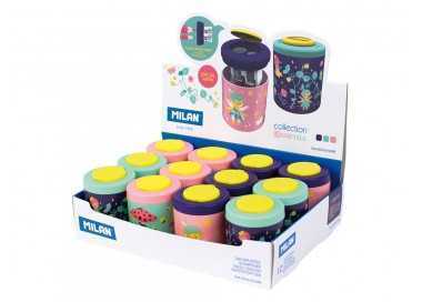 Sacapuntas milan 2 usos con deposito fairy tale expositor de 12 unidades colores surtidos