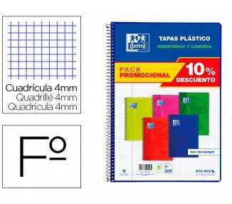 Cuaderno espiral oxford tapa plastico folio 80 hojas cuadro 4 mm pack 5 unidades colores vivos