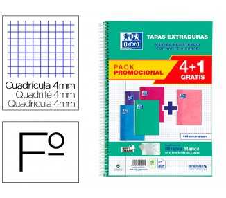 Cuaderno espiral oxford tapa extradura folio 80 hojas cuadro 4 mm con pizarra blancapack 4+1 colores tendencia