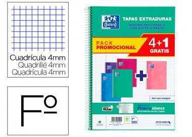 Cuaderno espiral oxford tapa extradura folio 80 hojas cuadro 4 mm con pizarra blancapack 4+1 colores tendencia