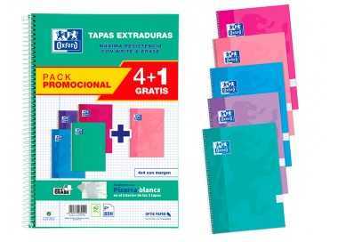 Cuaderno espiral oxford tapa extradura folio 80 hojas cuadro 4 mm con pizarra blancapack 4+1 colores tendencia