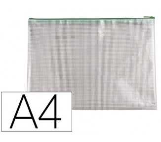 Bolsa multiusos q-connect malla din a4 apertura superiorcon cremallera verde