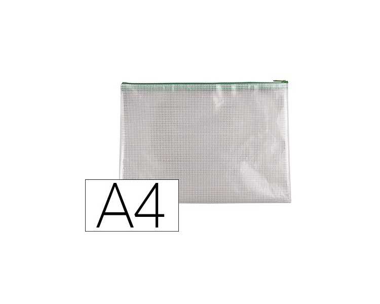 Bolsa multiusos q-connect malla din a4 apertura superiorcon cremallera verde