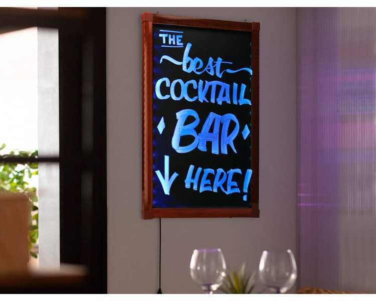 Pizarra cristal liderpapel con led en caballete de madera para rotuladores tipo tiza 50x90cm