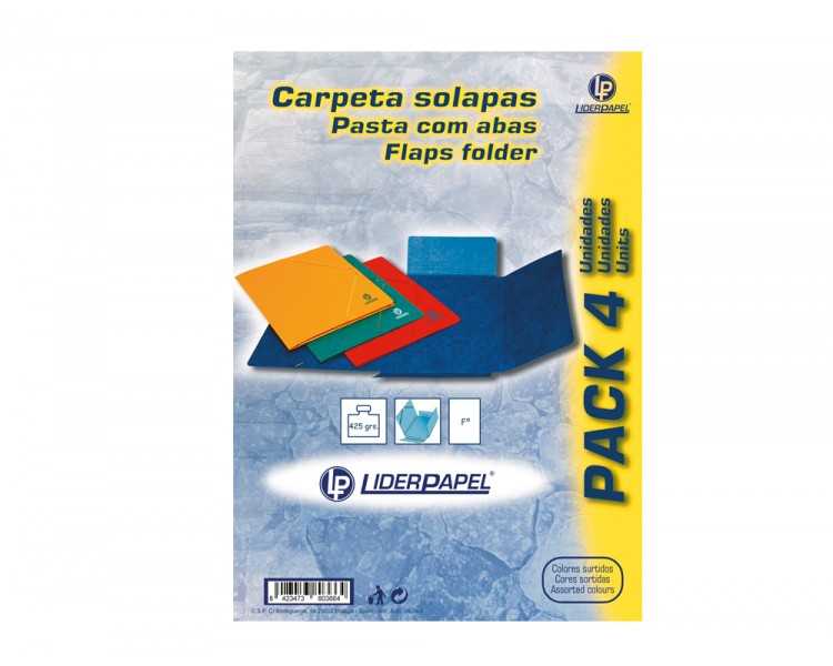 Carpeta liderpapel gomas folio 3 solapas carton simil prespan pack de 4 unidades colores surtidos