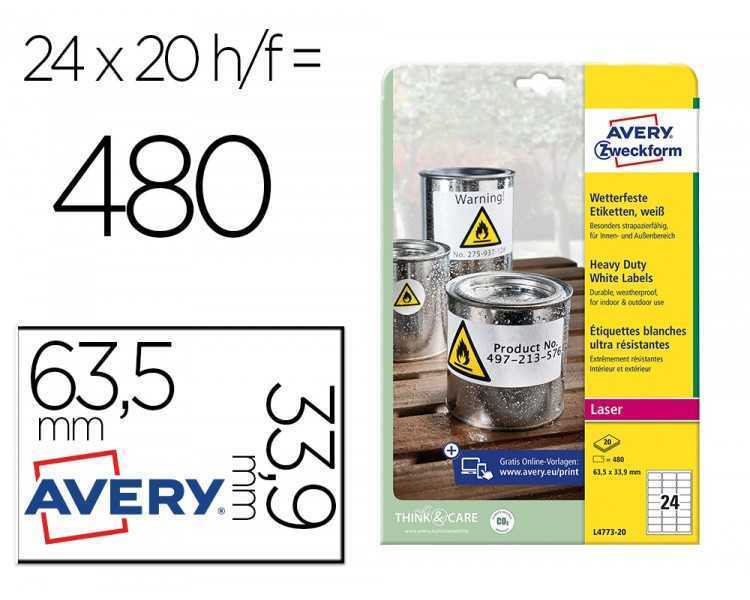 Etiqueta adhesiva resistente avery poliester blanco 3,9 mm 63,5x33,9 mm laser pack de 480unidades