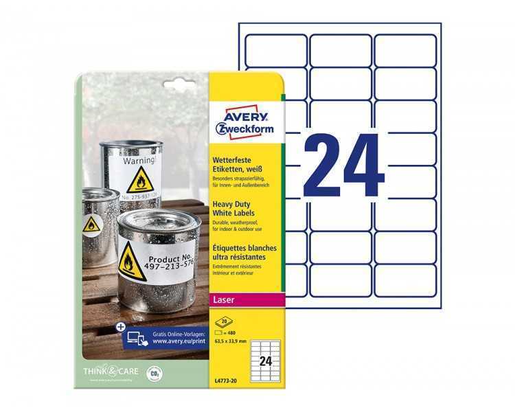 Etiqueta adhesiva resistente avery poliester blanco 3,9 mm 63,5x33,9 mm laser pack de 480unidades