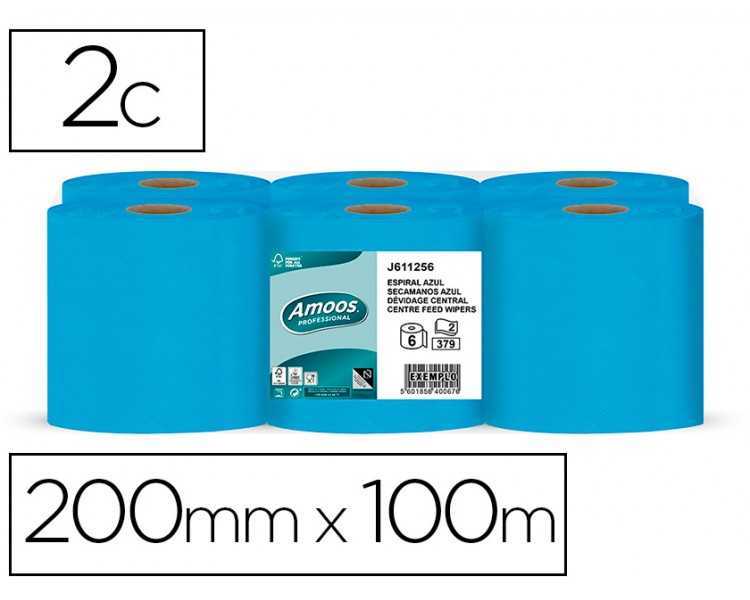 Papel secamanos amoos 2 capas professional 200 mm x 125 mt color azul paquete de 6 rollos