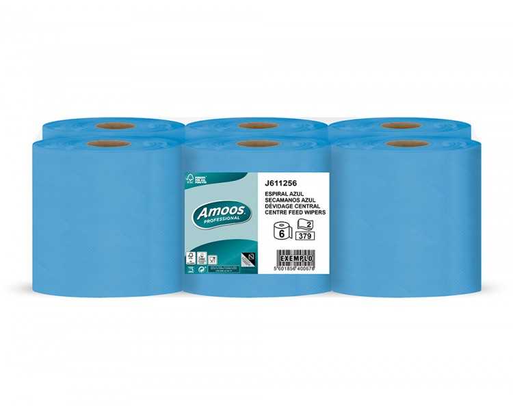 Papel secamanos amoos 2 capas professional 200 mm x 125 mt color azul paquete de 6 rollos
