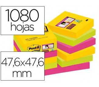 Bloc de notas adhesivas quita y pon post-it super sticky 47,6x47,6 mm con 90 hojas pack de 12 bloc colores