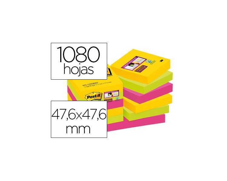 Bloc de notas adhesivas quita y pon post-it super sticky 47,6x47,6 mm con 90 hojas pack de 12 bloc colores