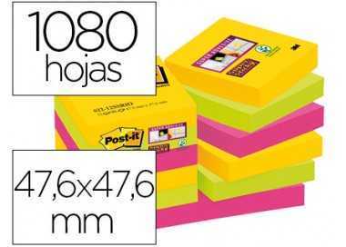 Bloc de notas adhesivas quita y pon post-it super sticky 47,6x47,6 mm con 90 hojas pack de 12 bloc colores