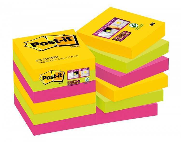 Bloc de notas adhesivas quita y pon post-it super sticky 47,6x47,6 mm con 90 hojas pack de 12 bloc colores