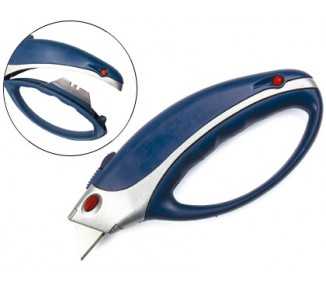 Cuter q-connect xs6200 metalico ancho azul y gris con mango de plastico y compartimento para cuchillas