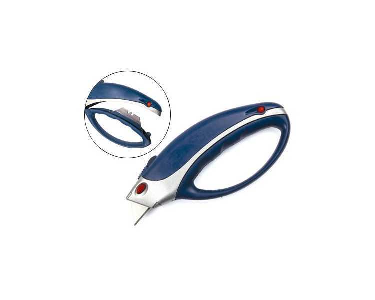 Cuter q-connect xs6200 metalico ancho azul y gris con mango de plastico y compartimento para cuchillas