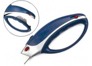 Cuter q-connect xs6200 metalico ancho azul y gris con mango de plastico y compartimento para cuchillas