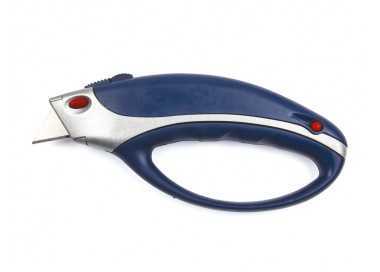 Cuter q-connect xs6200 metalico ancho azul y gris con mango de plastico y compartimento para cuchillas