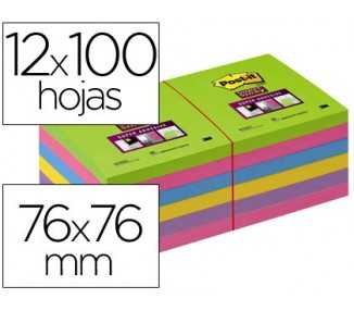 Bloc de notas adhesivas quita y pon post-it super stick ultra 76x76 mm pack de 12 bloc verde rosa amarilla