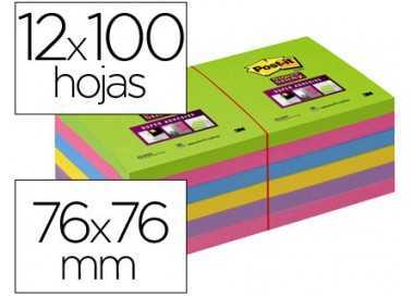 Bloc de notas adhesivas quita y pon post-it super stick ultra 76x76 mm pack de 12 bloc verde rosa amarilla