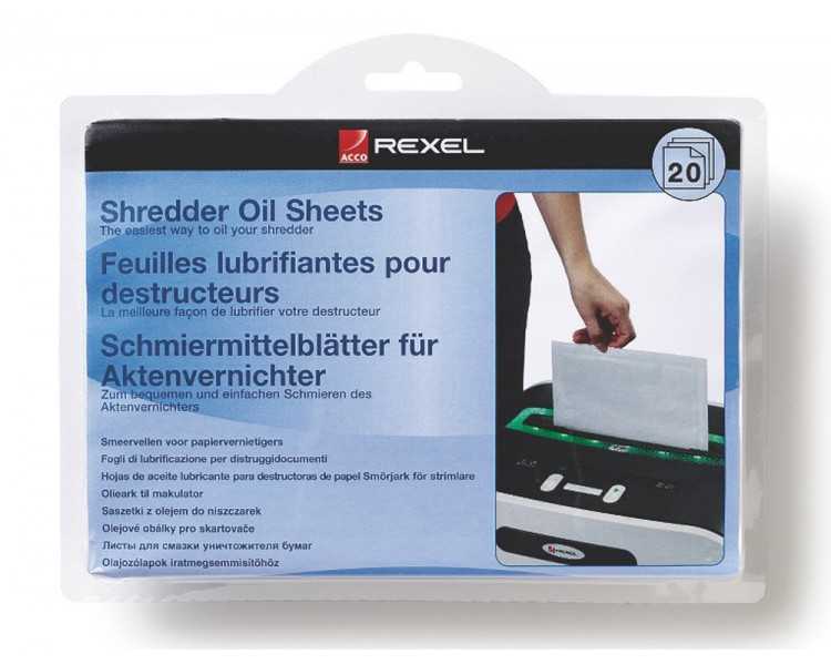 Hojas lubricantes rexel para destructora paquete de 20 hojas tamaño din a5
