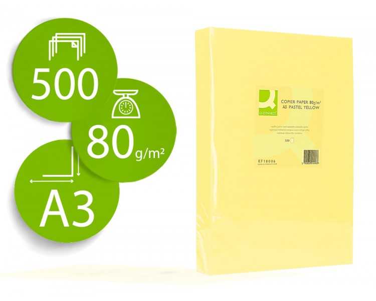 Papel color q-connect din a3 80gr amarillo paquete de 500 hojas