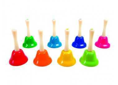 Campanita pequeña amaya de mano con mango tradicional escala diatonica set de 8 unidades colores surtidos