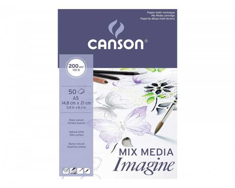 Bloc dibujo multitecnicas canson imagine din a5 encolado liso 14,8x21 cm 50 hojas 200 gr/m2
