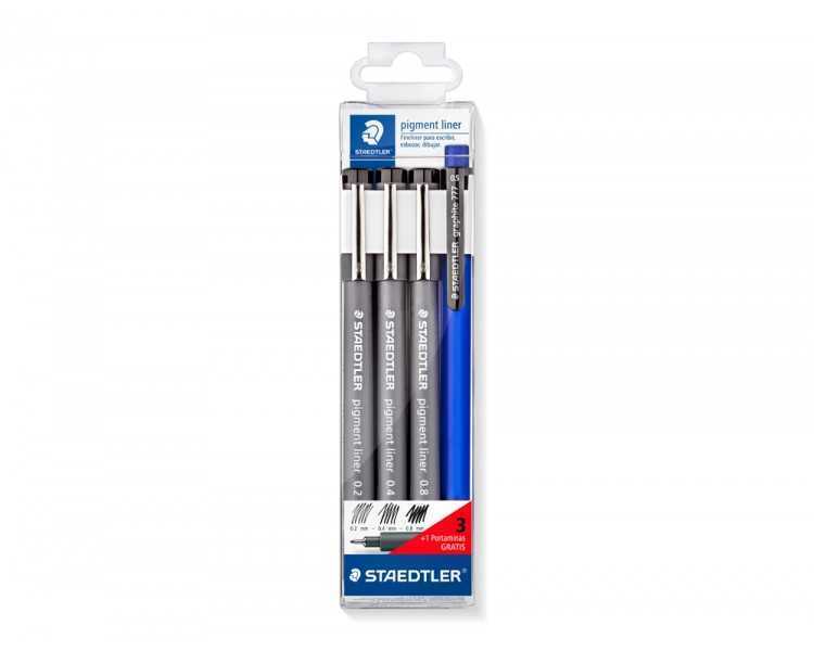 Rotulador staedtler calibrado micrometrico negro bolsa de 3 unidades 0,2 -0,4- 0,8 mm + portaminas 777 regalo