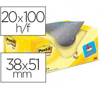Bloc de notas adhesivas quita y pon post-it amarillo canario 38x51 mm pack promocional 16+4 gratis