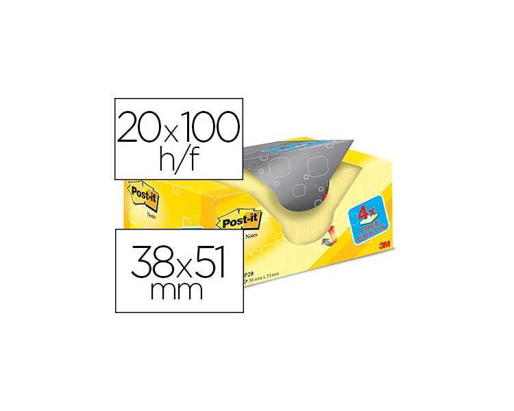 Bloc de notas adhesivas quita y pon post-it amarillo canario 38x51 mm pack promocional 16+4 gratis