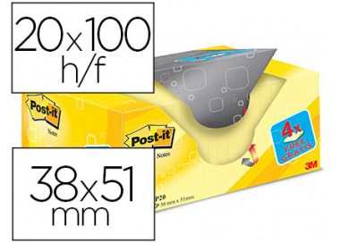 Bloc de notas adhesivas quita y pon post-it amarillo canario 38x51 mm pack promocional 16+4 gratis