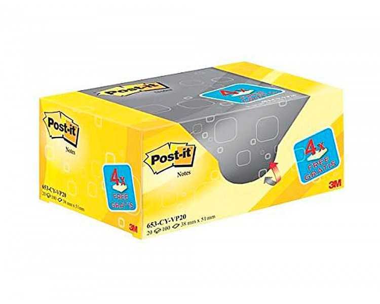 Bloc de notas adhesivas quita y pon post-it amarillo canario 38x51 mm pack promocional 16+4 gratis