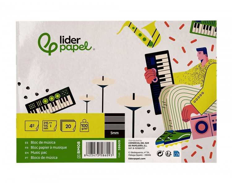 Bloc musica liderpapel pentagrama 5mm cuarto 20 hojas 100g/m2 grapado