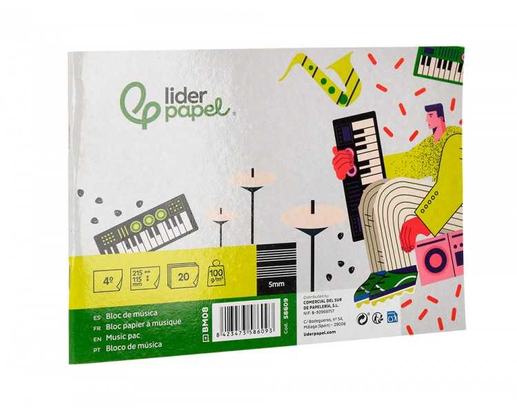 Bloc musica liderpapel pentagrama 5mm cuarto 20 hojas 100g/m2 grapado
