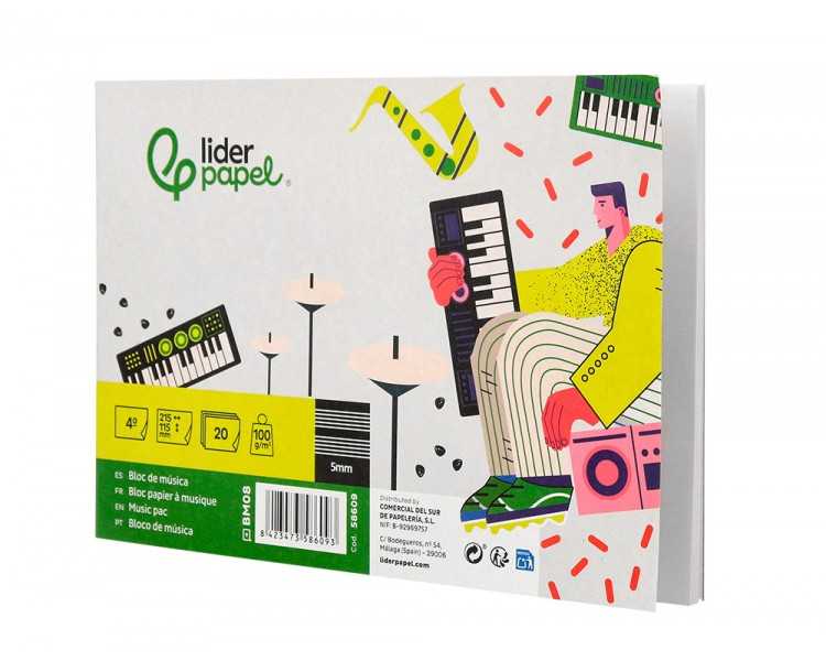 Bloc musica liderpapel pentagrama 5mm cuarto 20 hojas 100g/m2 grapado