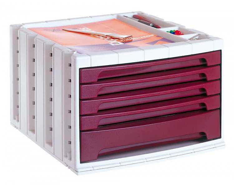 Fichero cajones de sobremesa archivo 2000 305x370x215 mm bandeja organizadora superior 5 cajones burdeos opaco