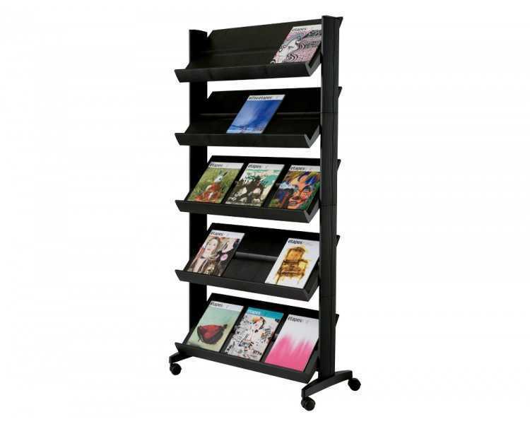 Expositor paperflow de suelo movil metalico con 5 repisas negro 140x1700x395 mm