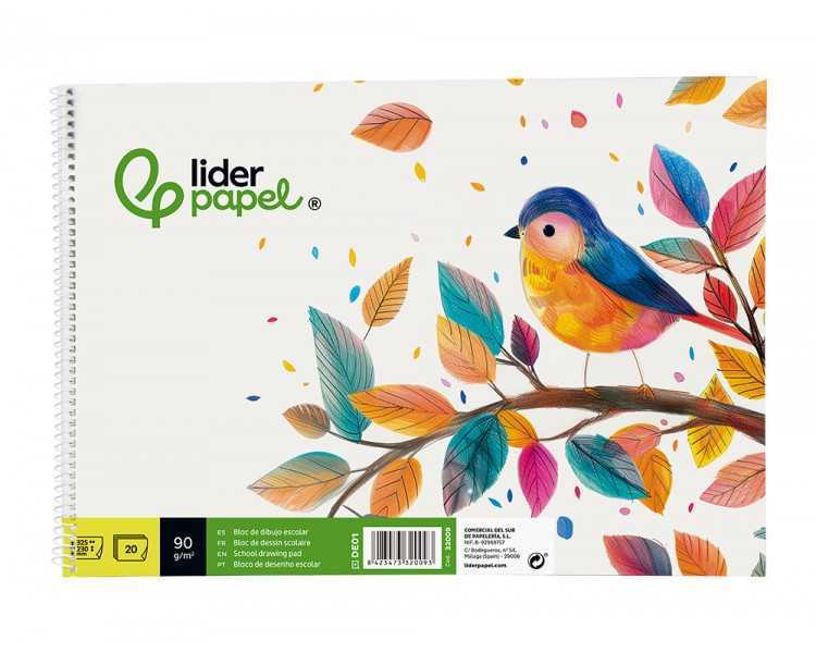 Bloc dibujo liderpapel escolar espiral 230x325mm 20 hojas 90 gr/m2 sin recuadro