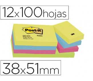 Bloc de notas adhesivas quita y pon post-it 38x51 mm neon pack de 12 blocs surtido