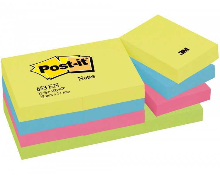 Bloc de notas adhesivas quita y pon post-it 38x51 mm neon pack de 12 blocs surtido
