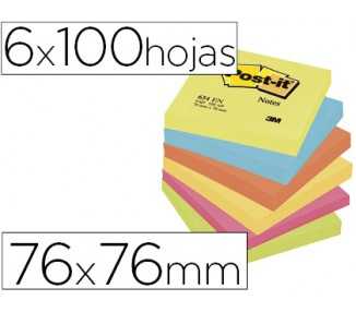 Bloc de notas adhesivas quita y pon post-it 76x76 mm neon pack de 6 blocs surtido