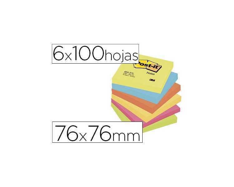 Bloc de notas adhesivas quita y pon post-it 76x76 mm neon pack de 6 blocs surtido