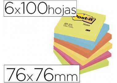 Bloc de notas adhesivas quita y pon post-it 76x76 mm neon pack de 6 blocs surtido