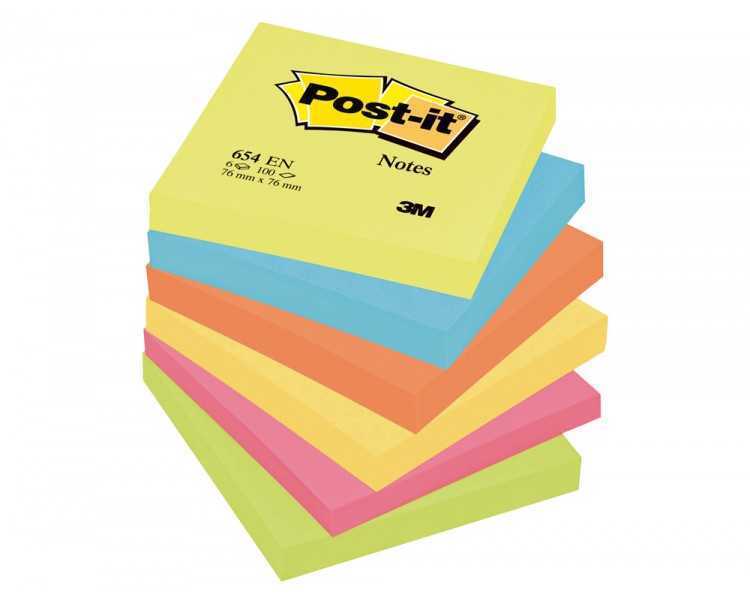 Bloc de notas adhesivas quita y pon post-it 76x76 mm neon pack de 6 blocs surtido